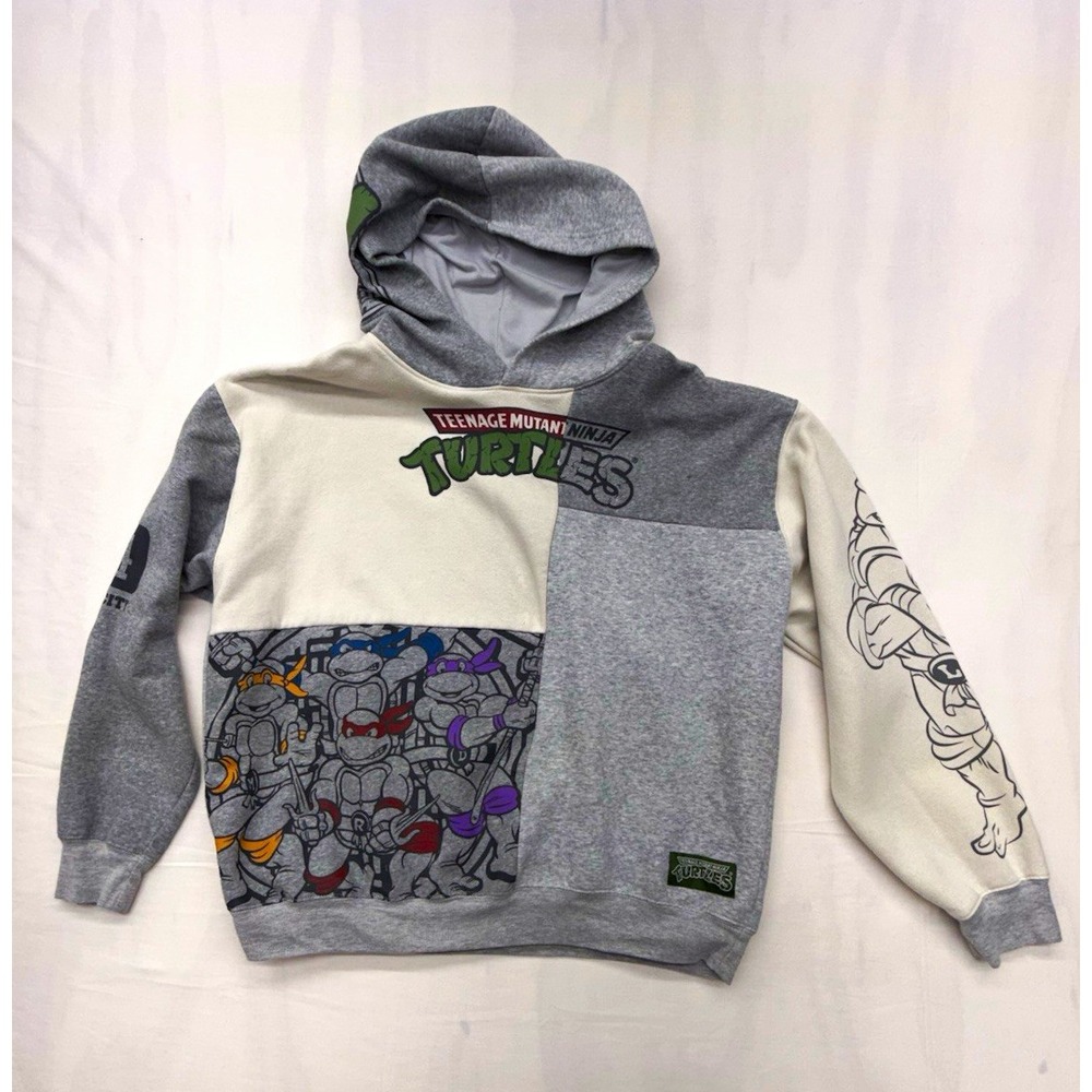Nickelodeon TMNT Unisex Kids XL Pullover Fleece Hoodie Graphic Gray/White